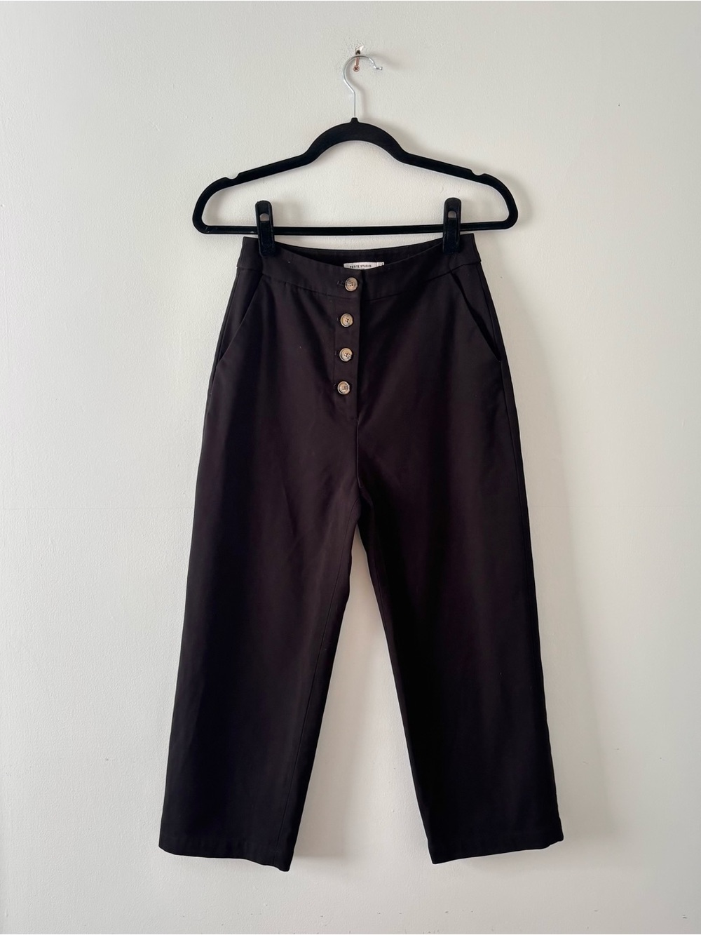 Petite Studio Button Front Straight Leg Trouser Cropped Pants High Rise Bottoms